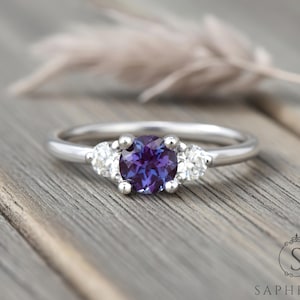 Round Chatham Alexandrite Three Stone Engagement  Ring, Diamond Accent Ring in Solid Gold