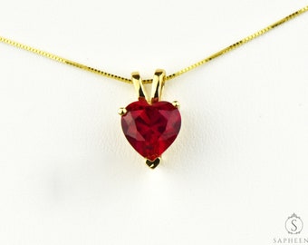 Red Ruby Heart Necklace Pendant in 14k Yellow Gold with 16"/18"Inch Dainty Box Chain,July Birthstone Pendant,Heart Ruby Necklace by Sapheena