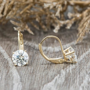 2.0Ct Round Cut Drop Earrings, Moissanite Bridal Earrings, Moissanite Lever Back Earrings, Women Gold Earrings, White/Yellow Gold Earrings