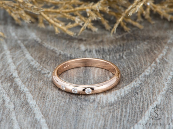 3 Stone Diamond Comfort Fit Wedding Band 3mm Moissanite Men s Band Unisex 3mm Stacking Band Unique Gold Wedding Band Anniversary Ring Etsy