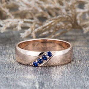 Mens Blue Sapphire Wedding Band, Round Cut Sapphire 14k Gold Ring, 6mm Comfort Fit Men Ring, September Birthstone, Platinum Band for Men