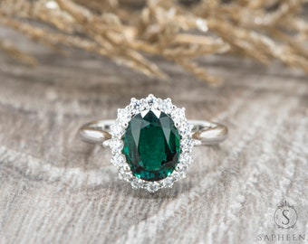 1.8 Oval Cut Halo Green Emerald Engagement Ring, Vintage Oval Cut Chatham Green Emerald Wedding Ring, Solid Gold Ring, May Birthstone Ring