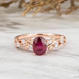1 Ct Oval Cut Natural Ruby Ring, Diamond Leaf Engagement Ring, Solid Gold Platinum Ring