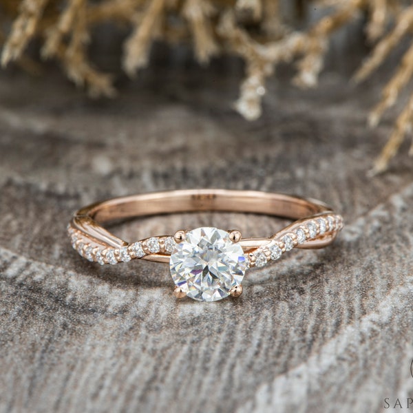 Twisted Moissanite Engagement Ring, 0.5 CT Round Cut Moissanite Swirly Wedding Ring, Half Eternity Moissanite Gold 14k/18k Bridal Ring