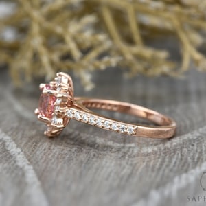 Peach Sapphire Engagement Ring, Sapphire Diamond Halo Ring, Unique Snowflake Rose Gold Ring, Anniversary Diamond Wedding Ring by Sapheena image 3
