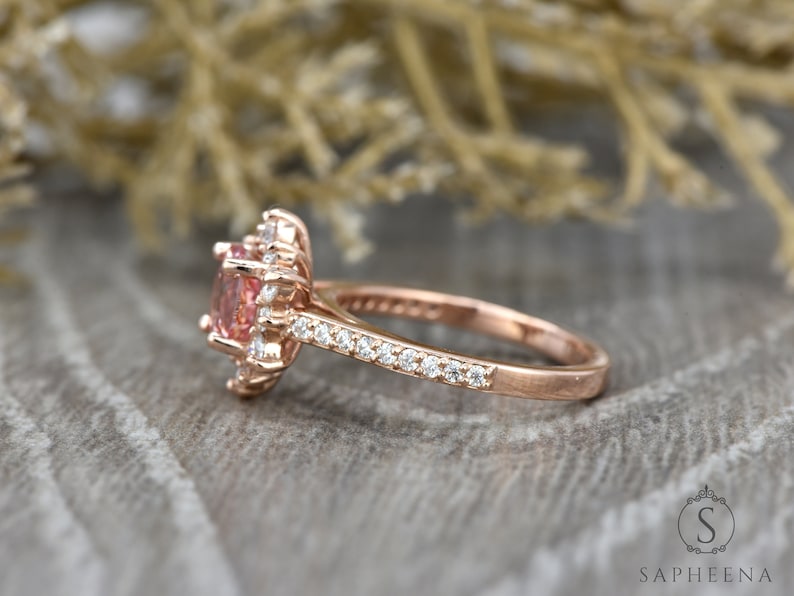 Peach Sapphire Engagement Ring, Sapphire Diamond Halo Ring, Unique Snowflake Rose Gold Ring, Anniversary Diamond Wedding Ring by Sapheena image 3