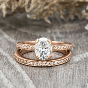 Oval Cut Solitaire Moissanite Bridal Set, Moissanite Engagement Ring, Half Eternity Milgrain Wedding Set, Solid Gold Art Deco Bridal Ring