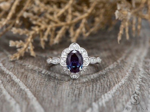 1.75 Ct Oval Cut Alexandrite Halo Engagement Ring Chatham Color
