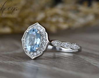 Ova Cut Aquamarine Engagement Ring, Diamond Flower Aquamarine Wedding Ring, Aquamarine Gold 14k/18k Ring, Anniversary Ring by Sapheena