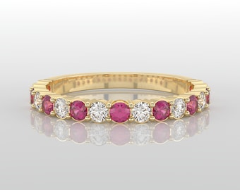Ruby and Moissanite Eternity Band, 2.2mm Solid Gold or Platinum Stacking Ring