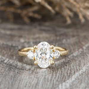 1.5 Ct Three Stone Oval Cut Lab Diamond Engagement Ring, Lab-Grown Diamond Oval Cut Wedding Ring, Triple Stone Oval and Round Gold Ring