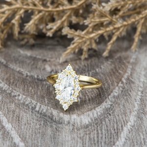 Vintage Inspire Marquise Halo Diamond Ring , IGI Certified Lab Grown Diamond Marquise Cut Ring, Her Diamond Gold Wedding Ring, Bridal Ring