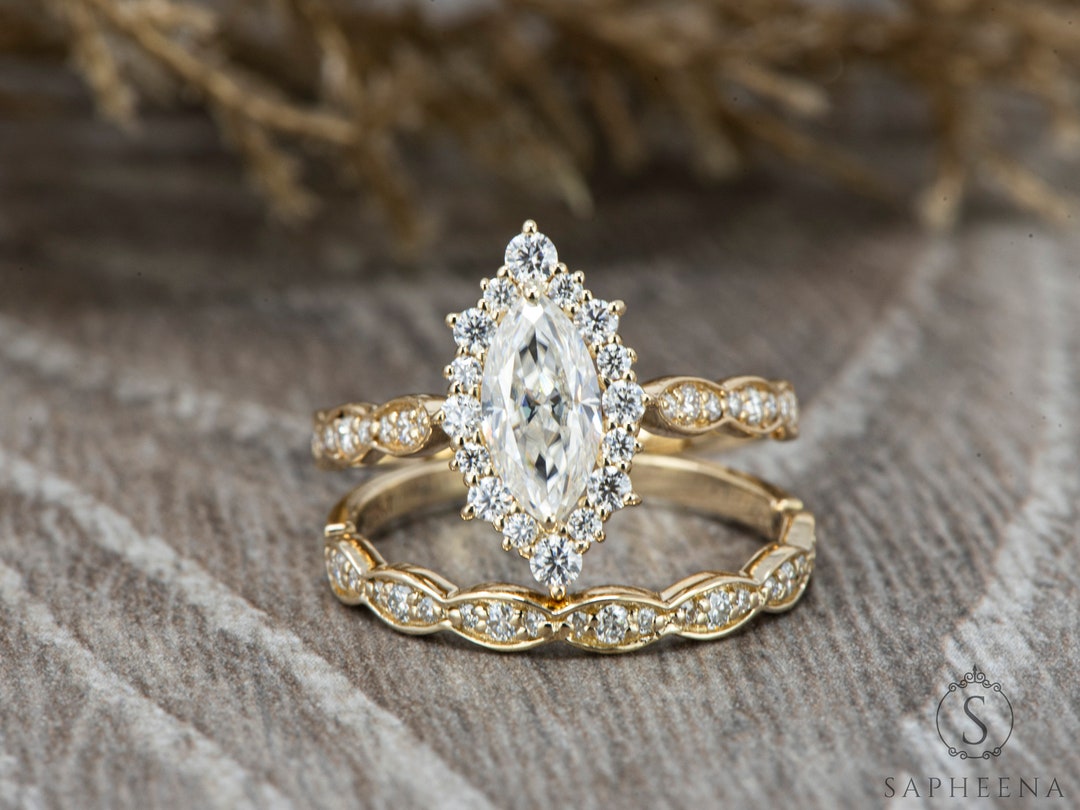 Marquise Cut Halo Bridal Ring Set, Vintage Marquise Moissanite Ring ...