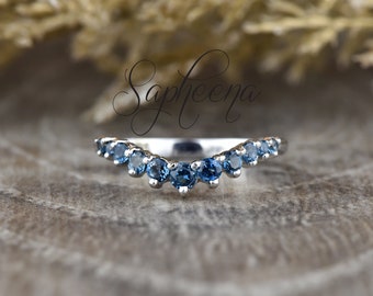 Blue Topaz Curved Wedding Band, Blue Topaz Tiara Band, Solid Gold 14k/18k Wedding Band, November Birthstone Topaz Matching Band by Sapheena