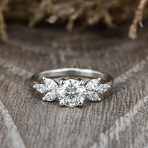 Floral Engagement Ring, 1 Ct Moissanite or Lab-Grown Diamond, Solid Gold Leaf Design, Nature-Inspired Wedding Ring for Her, Proposal Ring