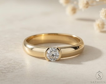 Round Half Bezel Solitaire Lab-Grown Diamond Engagement Ring in Solid Gold or Platinum