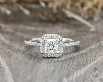 Princess Cut Forever One Engagement Ring, Diamond/Moissanite Halo Set Wedding Ring, Half Eternity Moissanite Bridal Ring, Square Cut Ring