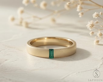 Men’s Emerald Ring, Baguette Green Emerald Band, 4mm Solid Gold or Platinum