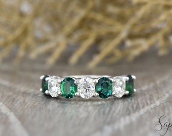 Green Emerald Eternity Band, Oval Cut Moissanite/Diamond Half Eternity Band, Alternating Stone Wedding Band, Vintage Solid Gold Wedding Band