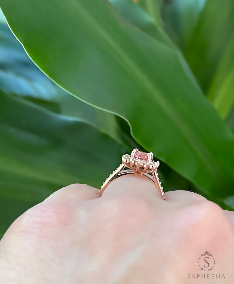 Peach Sapphire Engagement Ring, Sapphire Diamond Halo Ring, Unique Snowflake Rose Gold Ring, Anniversary Diamond Wedding Ring by Sapheena image 10