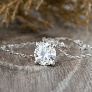 Round Cut Moissanite Solitaire Station Necklace, Solid Gold Pendant on Cable Chain