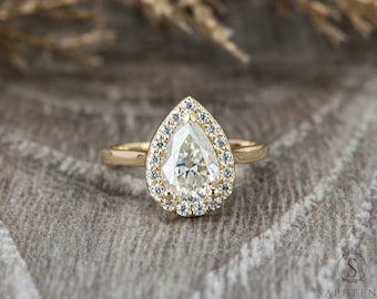 Pear Cut Halo Engagement Ring, Lab Diamond or Moissanite Teardrop Gold Ring