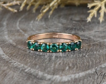 Emerald Wedding Band, Round Cut Green Emerald Ring, 7 Stone Emerald Rose Gold Band, Anniversary Band, May Birthstone Bridal Ring by Sapheena