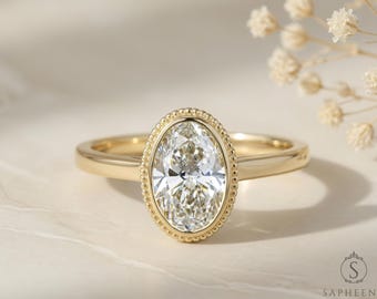 Oval Moissanite Engagement Ring • Milgrain Bezel, Solid Gold Solitaire