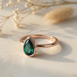 Pear Cut Green Emerald Ring • Bezel Set Solitaire • Low Profile Gold Ring
