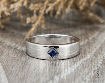 Mens Blue Sapphire Wedding Band, Princess Cut Kite Set Ring in Solid Gold or Platinum