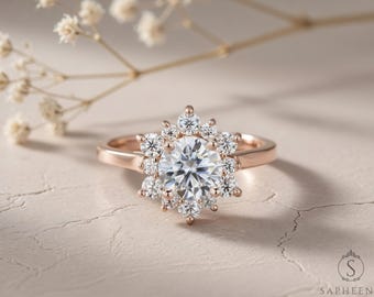 Round Cut Lab Grown Diamond Flower Halo Ring • Solid Gold or Platinum Engagement Ring