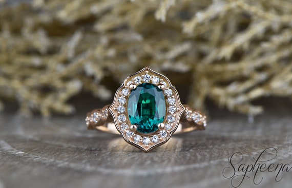 Bague de fian ailles vintage Oval Cut Chatham Green Emerald bague