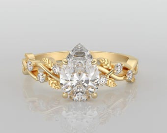 Pear Cut Engagement Ring, Nature Inspired Leaf Ring, Moissanite or Lab Diamond Ring