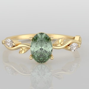 Natural Green Sapphire Ring, Oval Cut Low Profile Engagement Ring with Diamond Leaves