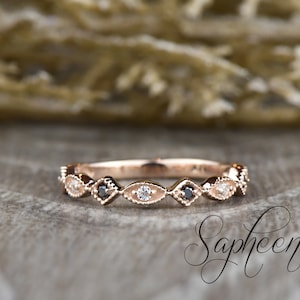 Dainty Black and White Diamond Band,Art Deco Milgrain Diamond Wedding Band,Rose Gold Band,Diamond Stacking Band,Diamond Ring by Sapheena