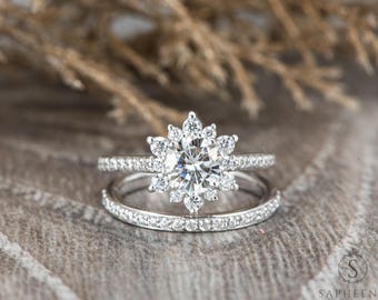 1.0 Ct Snowflake Engagement Ring Set Moissanite or Lab Diamond with Matching Wedding Band, Floral Halo Round Cut Gold Bridal Set