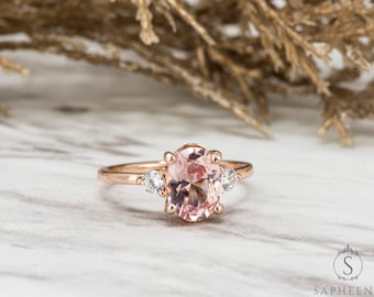 Three Stone Oval Cut Chatham Champagne Pink Sapphire Wedding Ring