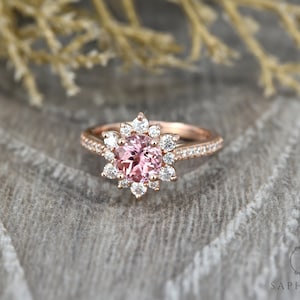 Peach Sapphire Engagement Ring, Sapphire Diamond Halo Ring, Unique Snowflake Rose Gold Ring, Anniversary Diamond Wedding Ring by Sapheena image 1