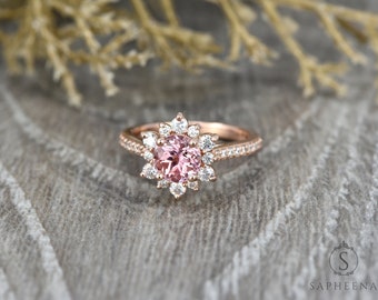 Peach Sapphire Engagement Ring, Sapphire Diamond Halo Ring, Unique Snowflake Rose Gold Ring, Anniversary Diamond Wedding Ring by Sapheena