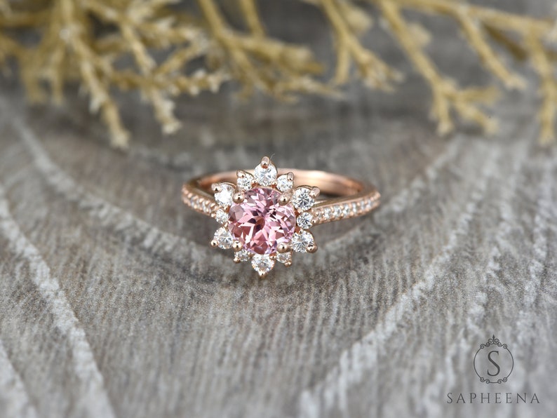 Peach Sapphire Engagement Ring, Sapphire Diamond Halo Ring, Unique Snowflake Rose Gold Ring, Anniversary Diamond Wedding Ring by Sapheena image 1