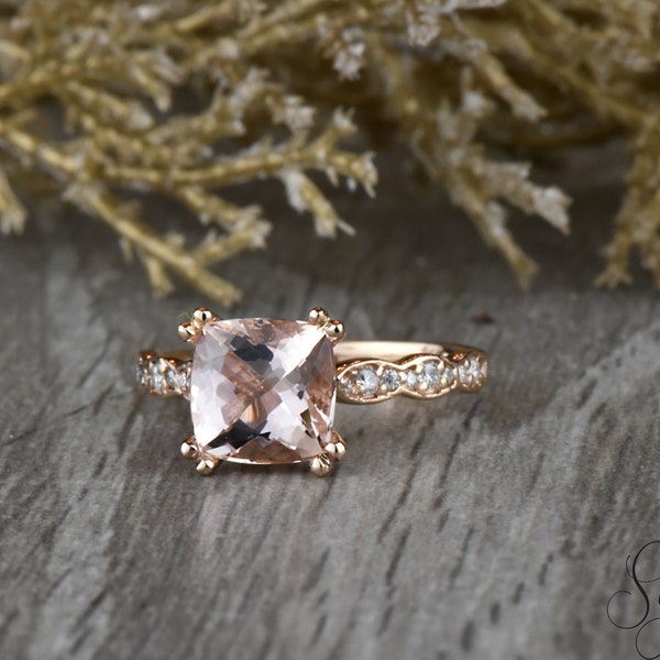 Cushion Cut Morganite Engagement Ring, Art Deco Cushion Cut Morganite Solid Gold Ring, Morganite Vintage Wedding Ring, Anniversary Ring