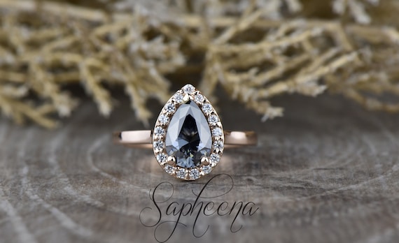 Pear Cut Halo Grey Moissanite Wedding Ring, Grey Pear Moissanite