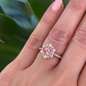 Peach Sapphire Engagement Ring, Sapphire Diamond Halo Ring, Unique Snowflake Rose Gold Ring, Anniversary Diamond Wedding Ring by Sapheena image 7