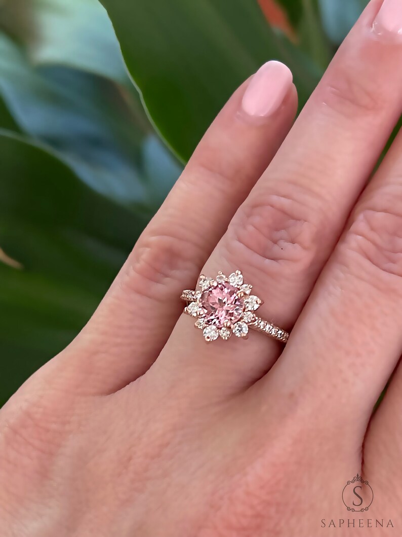 Peach Sapphire Engagement Ring, Sapphire Diamond Halo Ring, Unique Snowflake Rose Gold Ring, Anniversary Diamond Wedding Ring by Sapheena image 7