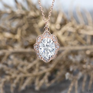 Moissanite Pendant Rose Gold | Oval Moissanite Necklace | Vintage Floral Gold Pendant | Anniversary/Bridal Gift 14k Gold Cable Chain 16"-18"