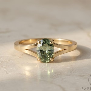 1ct Oval Green Sapphire Split Shank Engagement Ring, Low Profile Gold or Platinum