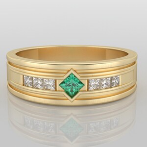 Bague en or vert émeraude taille princesse de 7 mm, bracelet pour homme en or massif avec accents de moissanite, bague tendance moderne, pierre de naissance en mai, cadeau pour lui