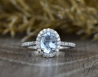 Oval Cut Aquamarine Engagement Ring, Diamond Halo Aquamarine Wedding Ring, Solid Gold 14k/18k Aquamarine and Lab-Grown Diamonds Bridal Ring