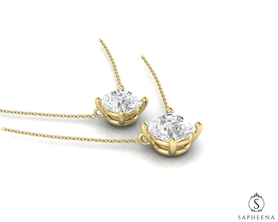 Round Cut Solitaire Necklace, 14k Solid Gold Pendant, Adjustable