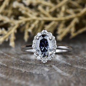 Oval Cut Halo Grey Moissanite Engagement Ring, Diamond/Moissanite Halo Set Wedding Ring, Vintage Solid Gold Bridal Ring, Anniversary Ring